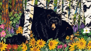 Bear Painting - Camas Creek Bears behind birch